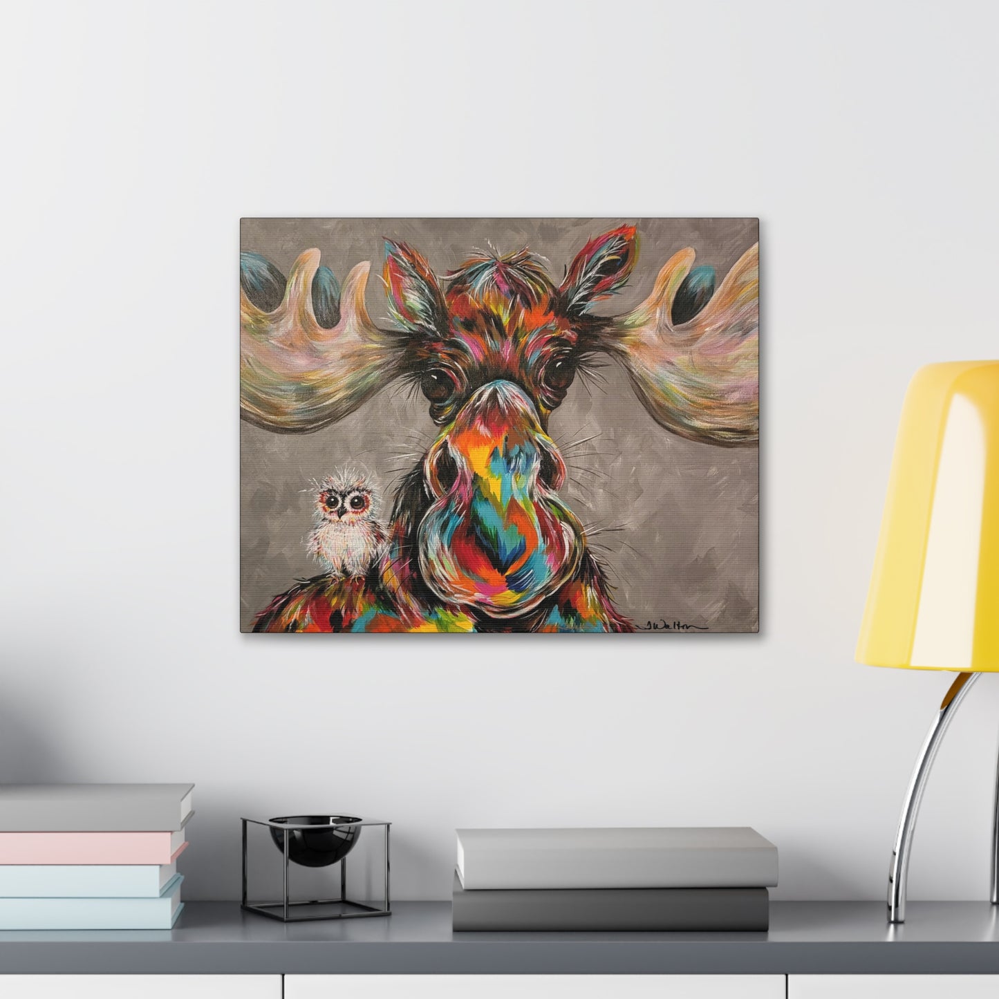 Original Colorful Moose & Owl Art Print Gallery Wrap