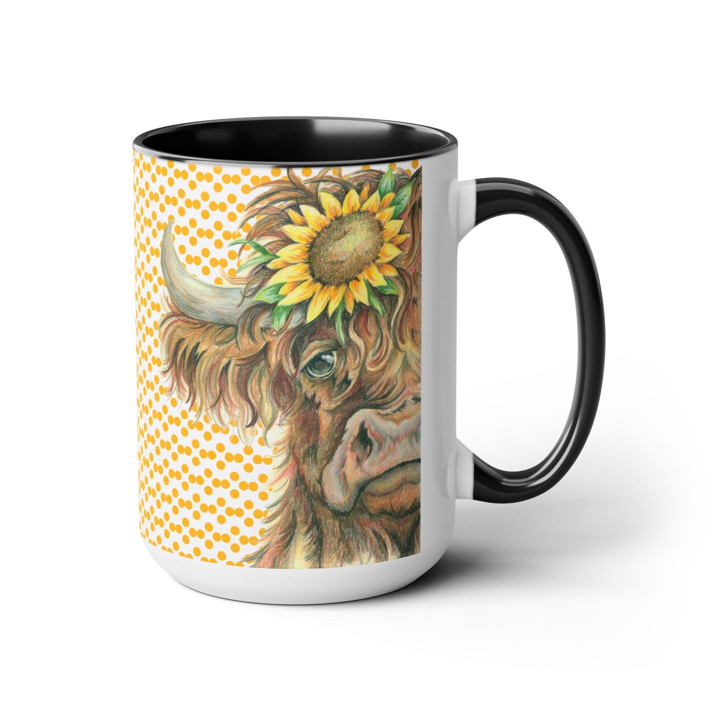 Original Sunflower Highlander Art Black & White Coffee Mug, 15oz