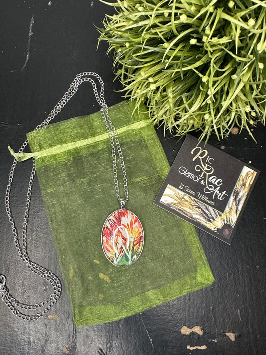 Original Art Indian Paintbrush Jewelry: Silver metal~ Red & Orange Indian Paintbrush Necklace
