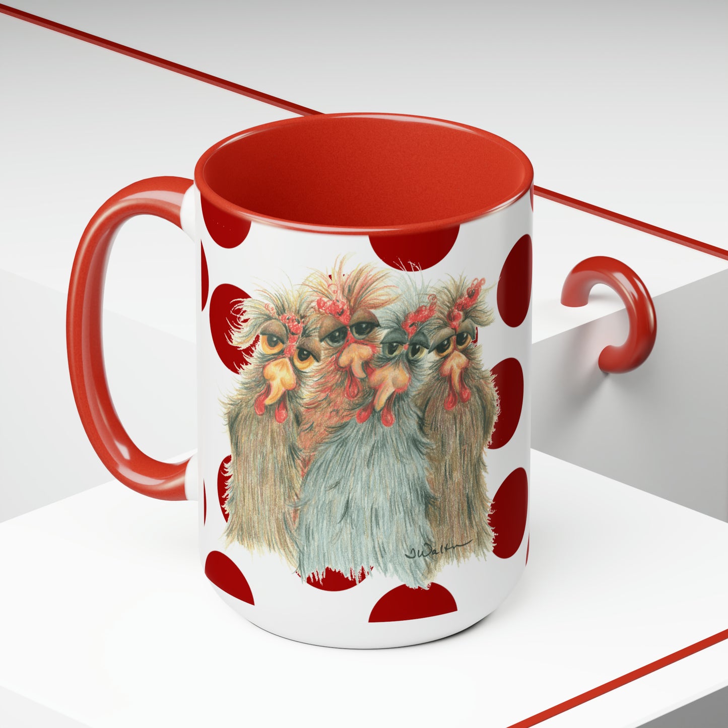 Crazy Chickens Original Art Red & White Coffee Mug, 15oz