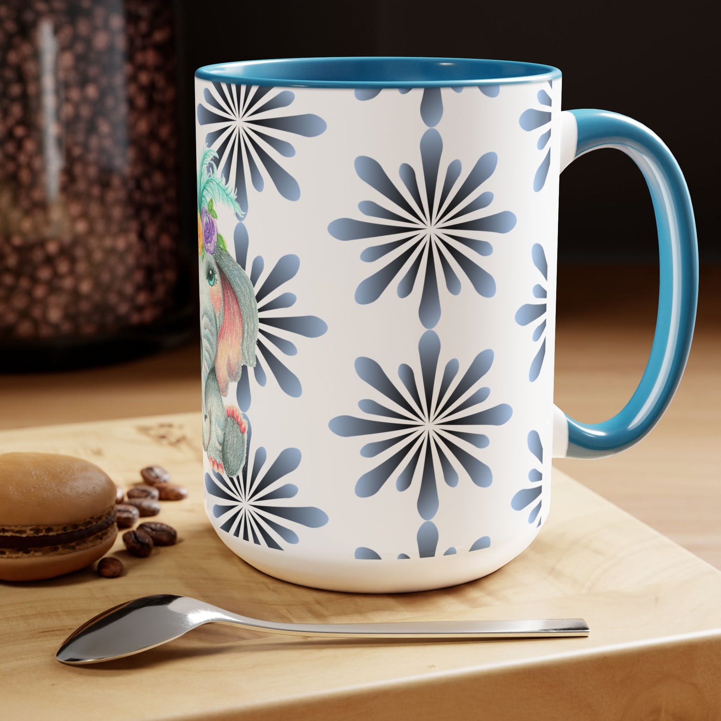 Original Elephant Art Blue & White Coffee Mug, 15oz