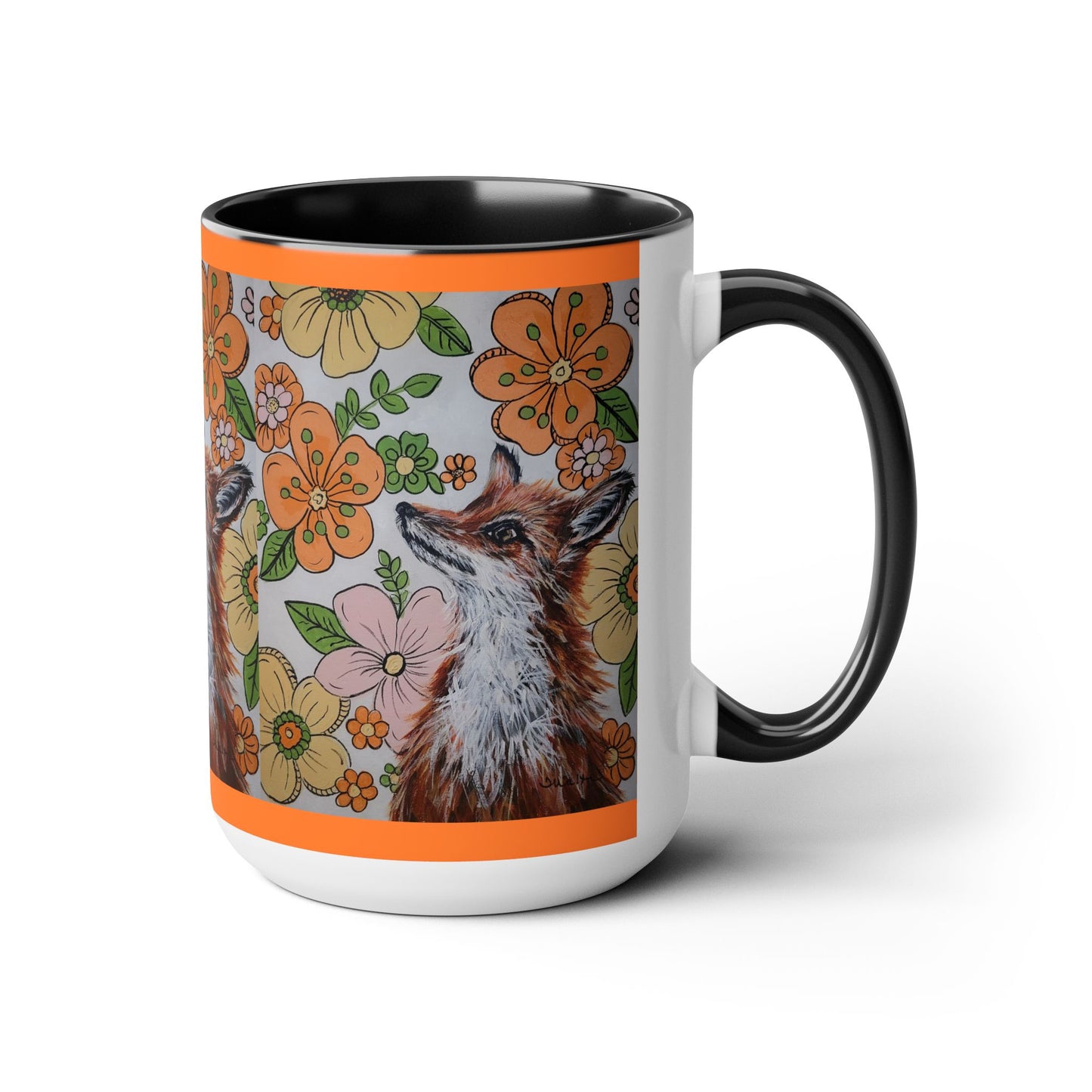 Original Art Fox with Retro Flowers Black & White Coffee Mug, 15oz