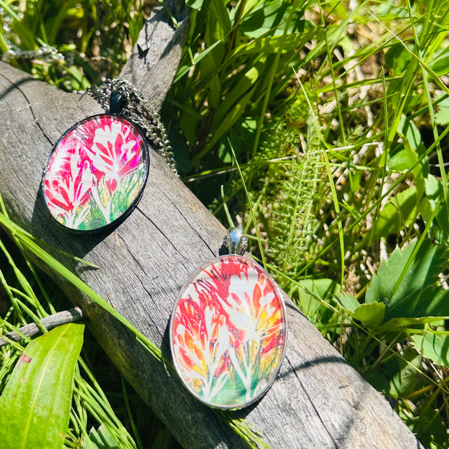 Original Art Indian Paintbrush Jewelry: Black metal~ Red & Orange Indian Paintbrush Necklace