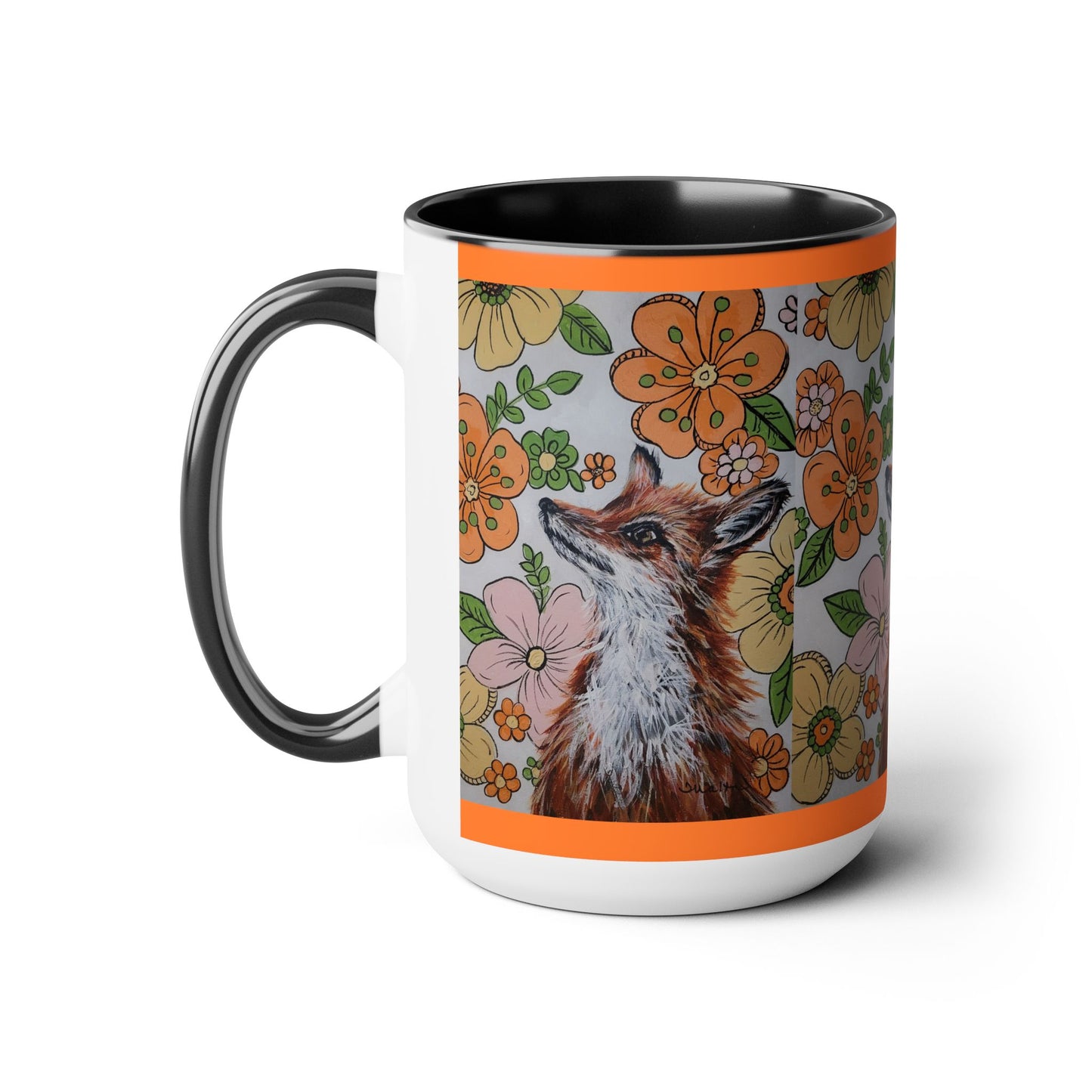 Original Art Fox with Retro Flowers Black & White Coffee Mug, 15oz