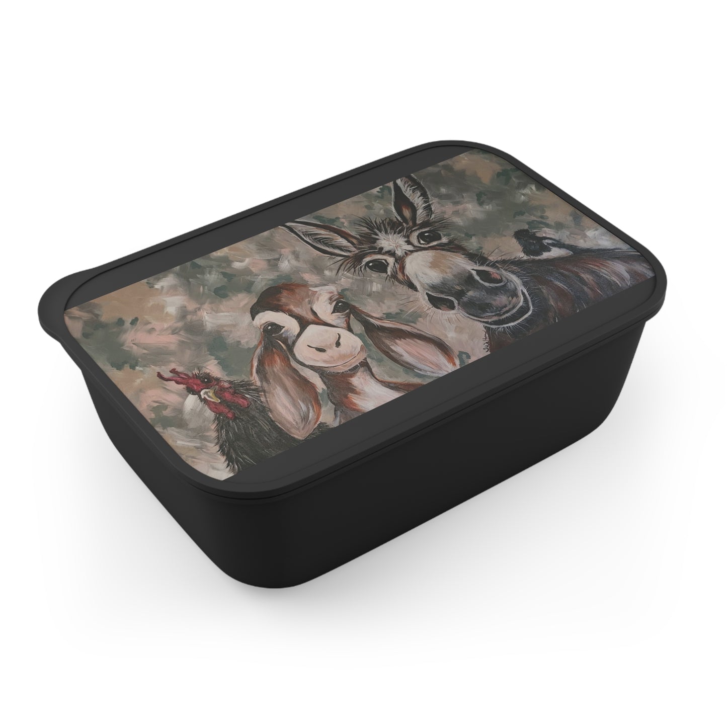 PLA Bento Box with Band and Utensils with Original Whimsical Animal Art