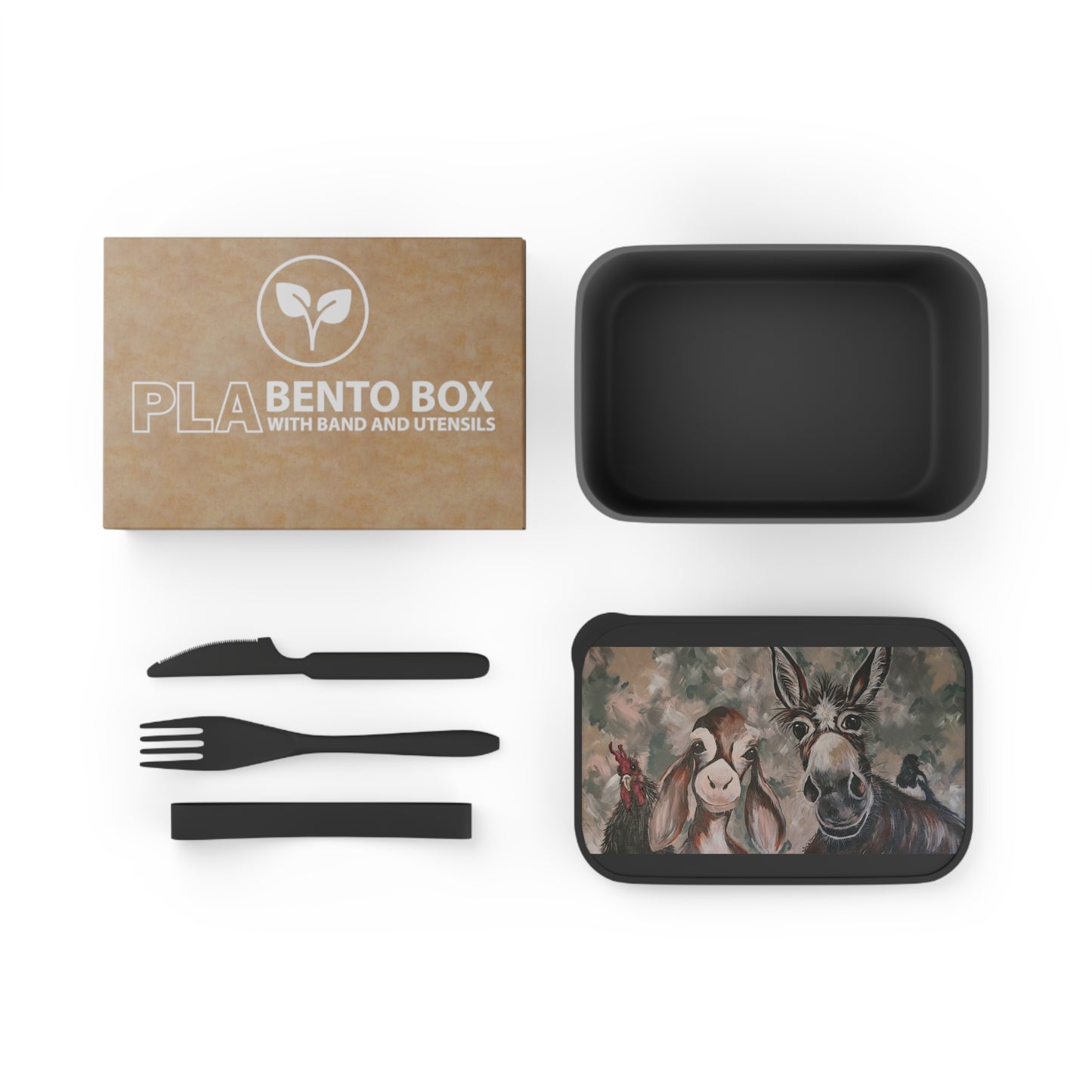 PLA Bento Box with Band and Utensils with Original Whimsical Animal Art