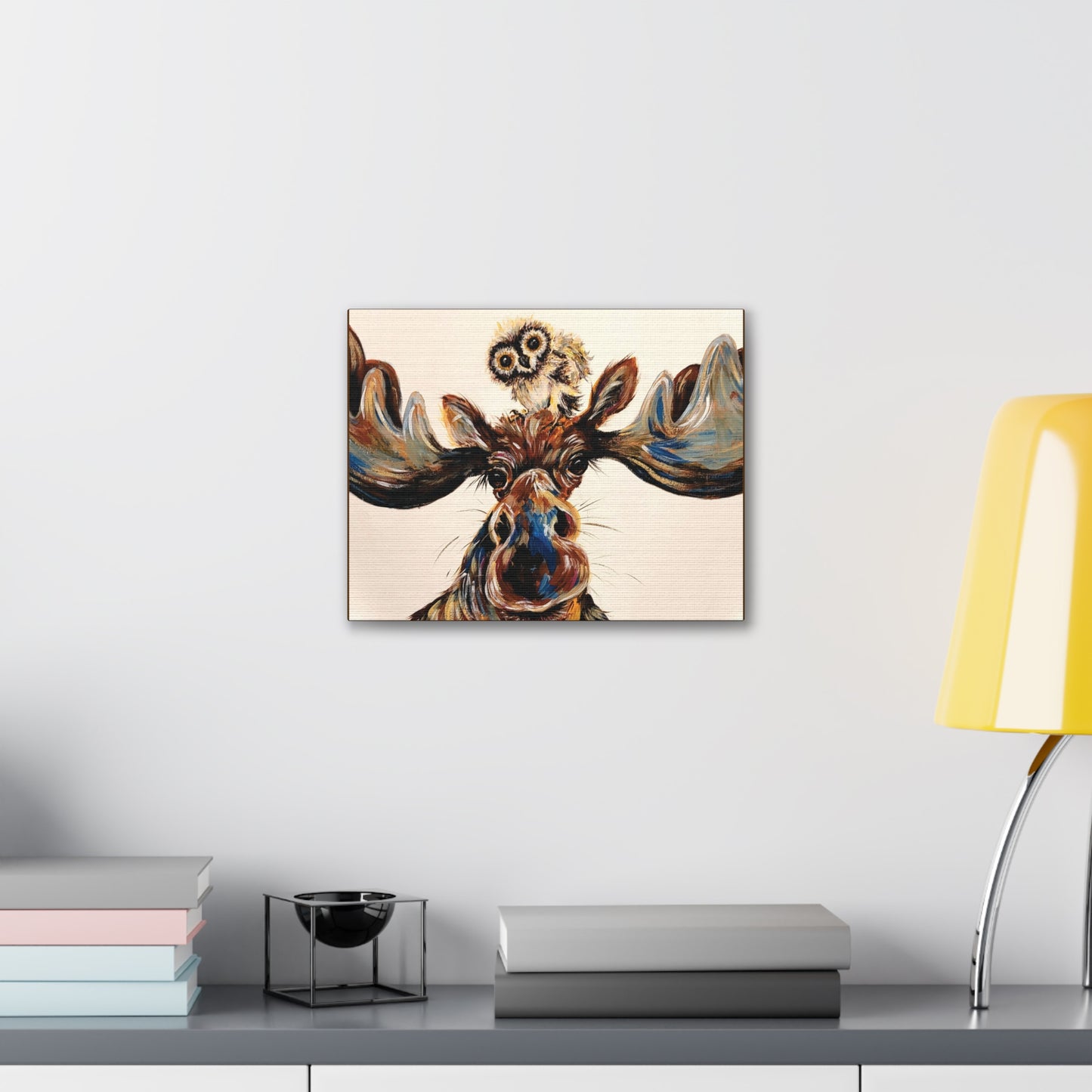 Original Moose & Baby Owl Art Canvas Print Gallery Wrap