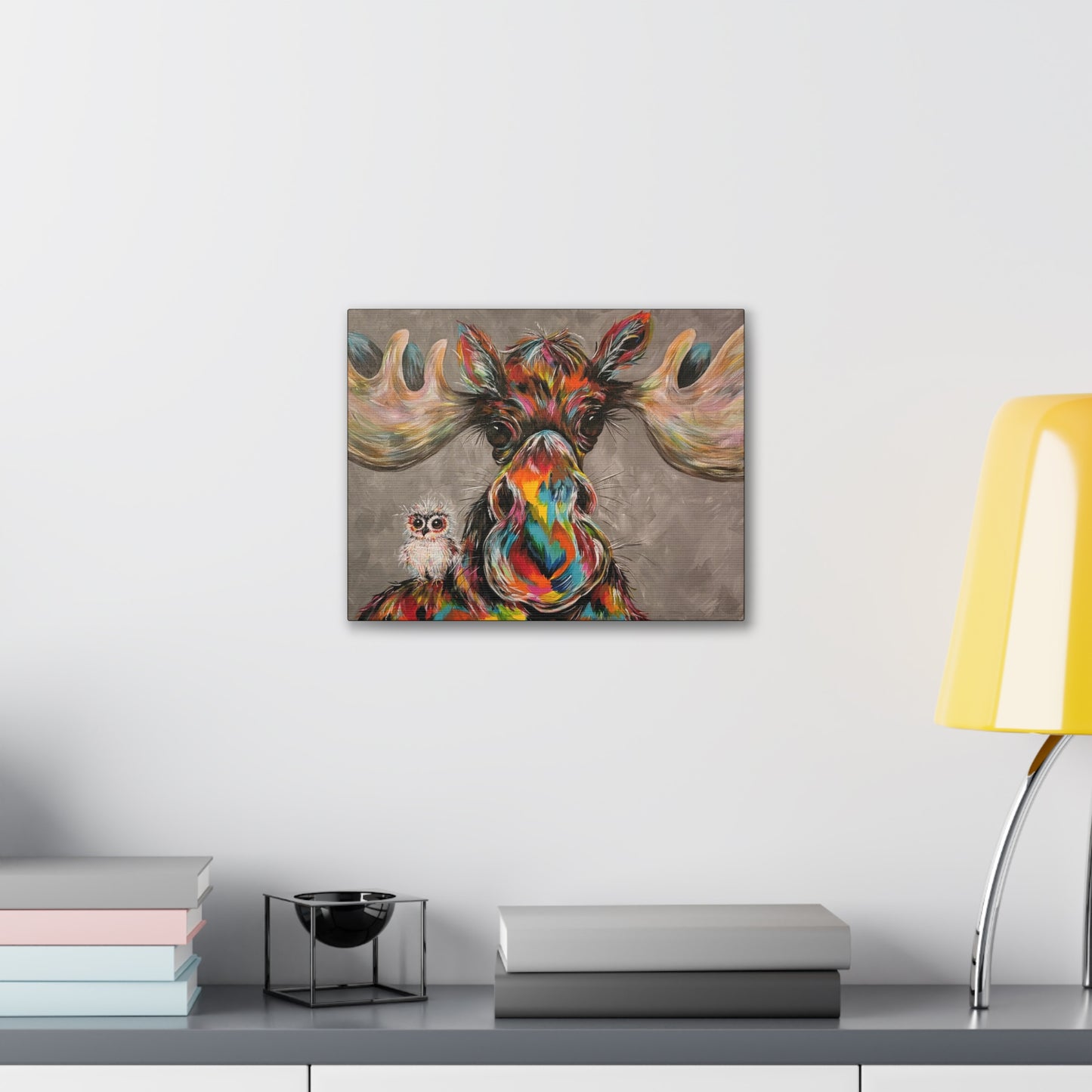 Original Colorful Moose & Owl Art Print Gallery Wrap