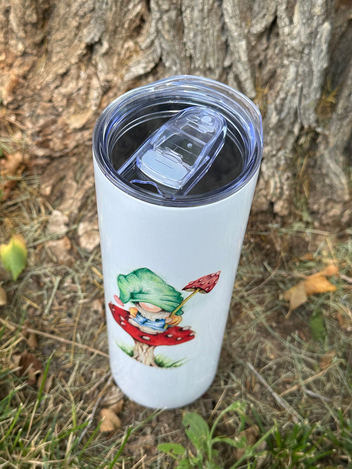 Original Gnome & Mushroom Art Skinny Tumbler with Straw, 20oz