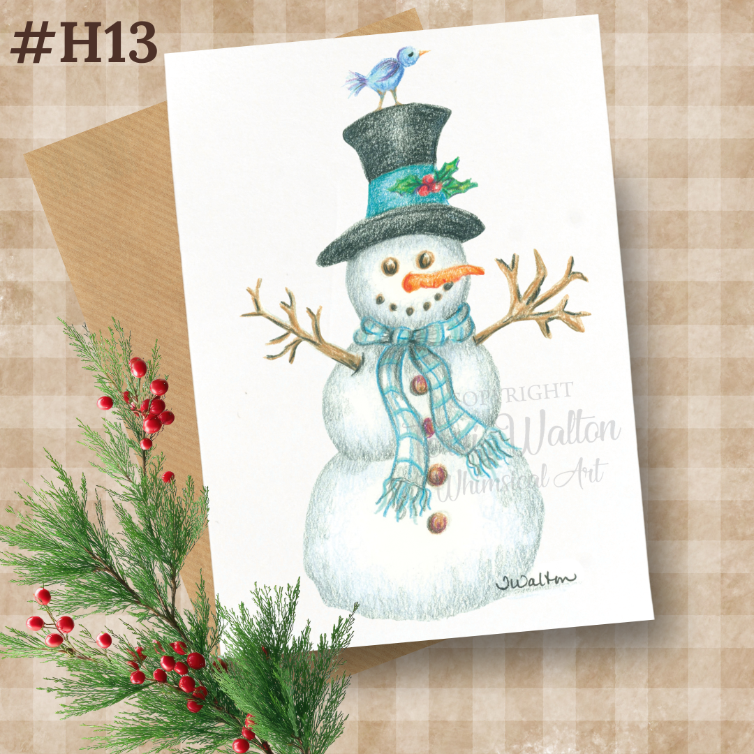 Original Art Snowman with Bird on Hat Card with Envelope