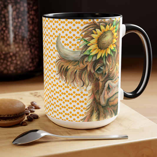 Original Sunflower Highlander Art Black & White Coffee Mug, 15oz