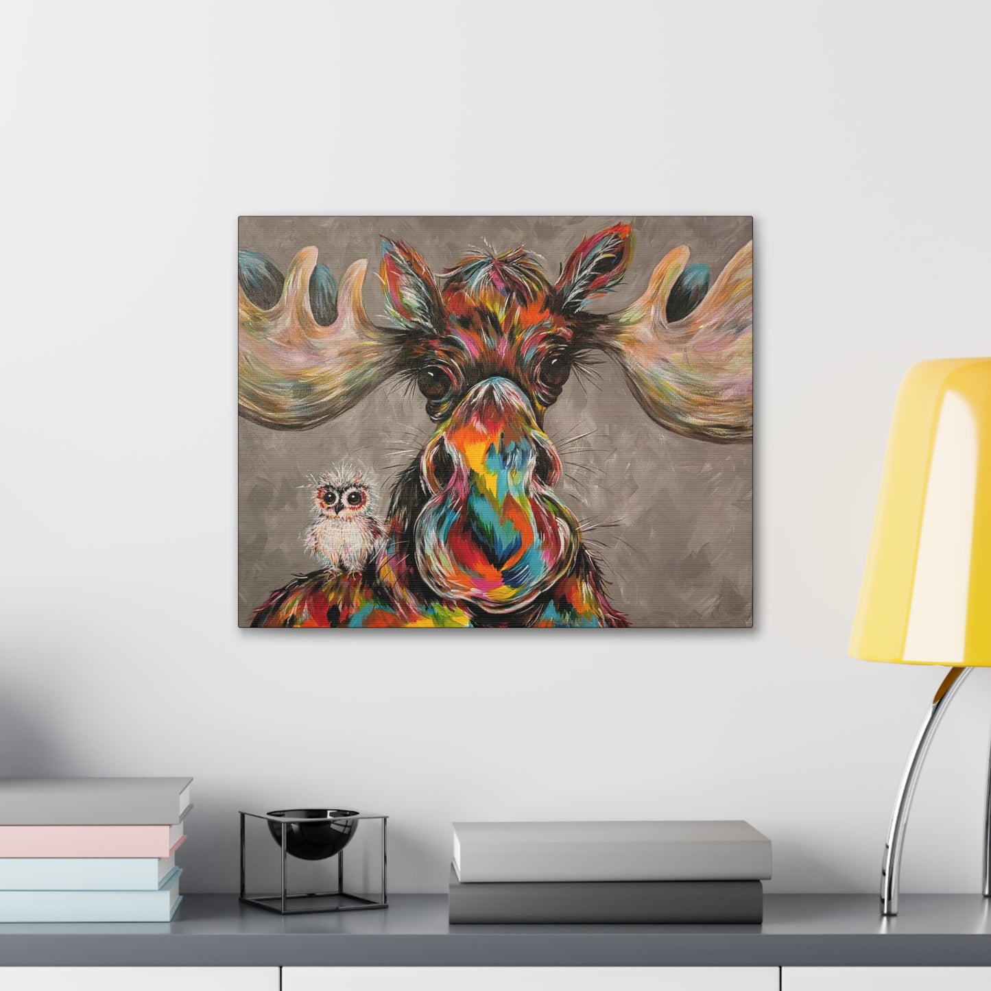 Original Colorful Moose & Owl Art Print Gallery Wrap