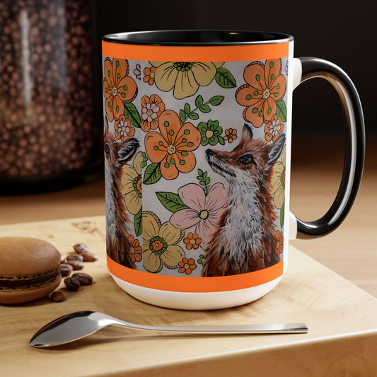 Original Art Fox with Retro Flowers Black & White Coffee Mug, 15oz
