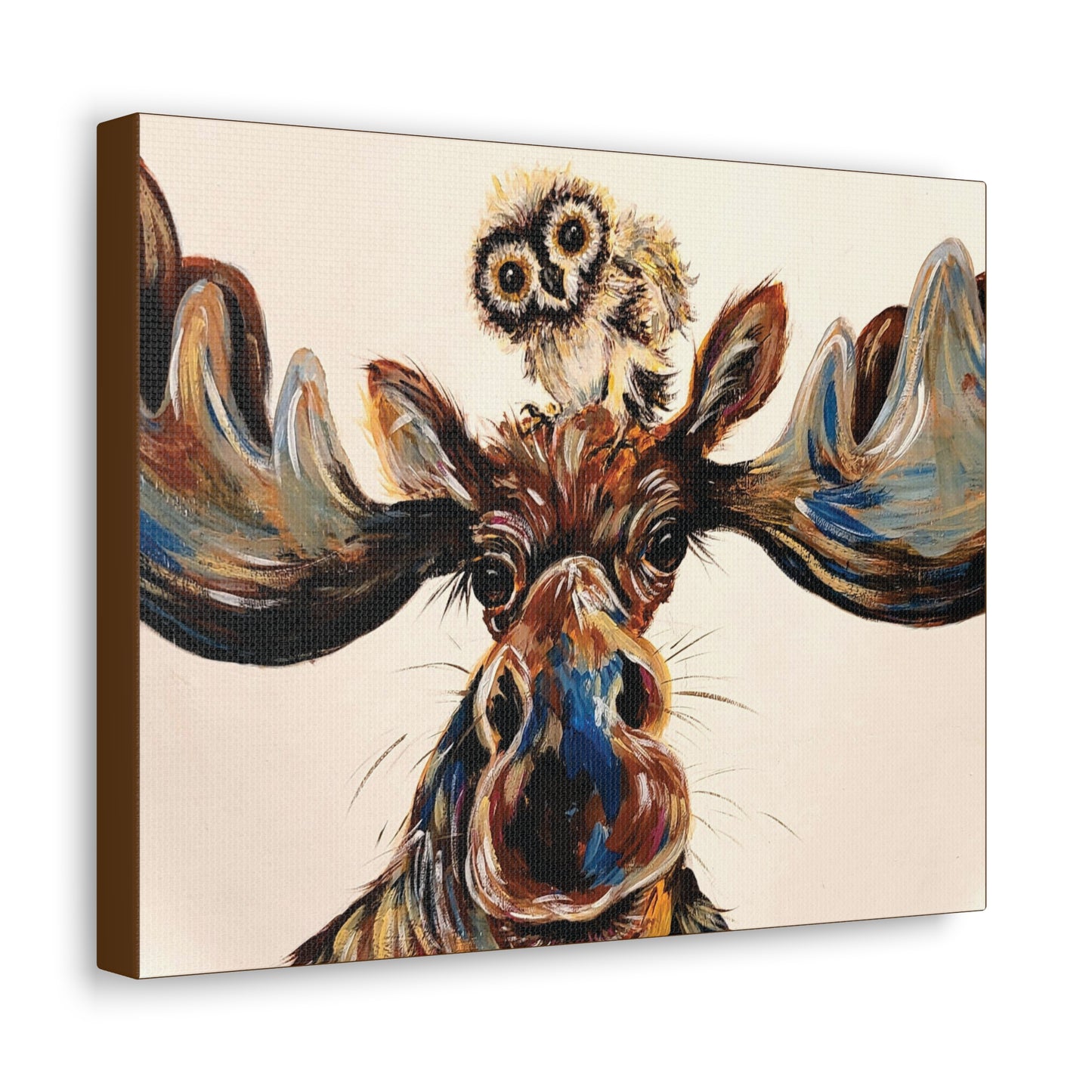 Original Moose & Baby Owl Art Canvas Print Gallery Wrap