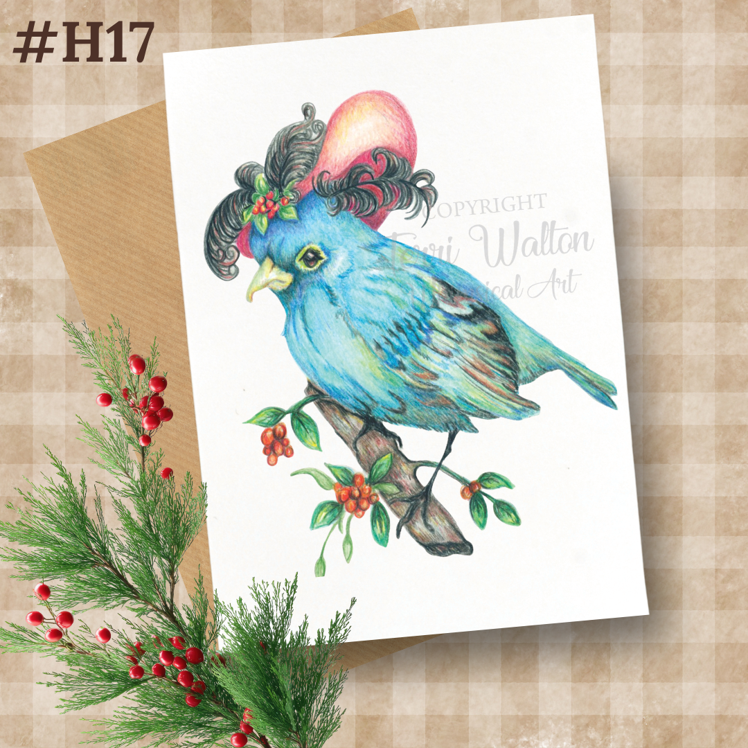 Original Art Blue Bird with Hat Card with Envelope