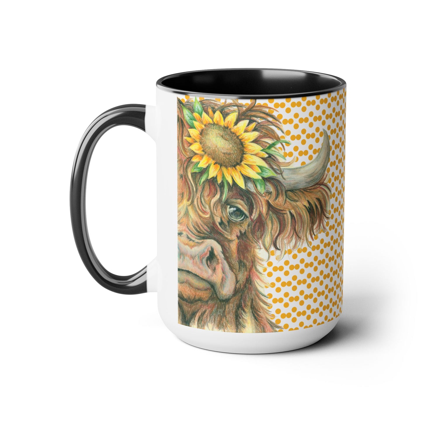 Original Sunflower Highlander Art Black & White Coffee Mug, 15oz