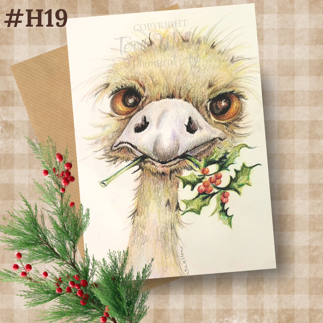 Original Art Christmas Ostrich Card with Envelope