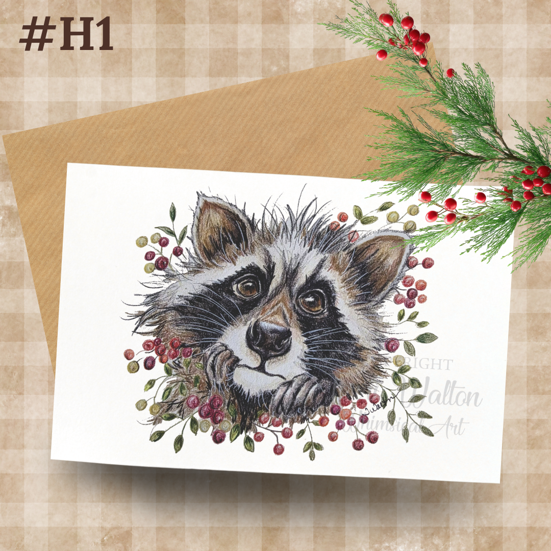Original Art Raccoon Winter Berry Card with Envelope