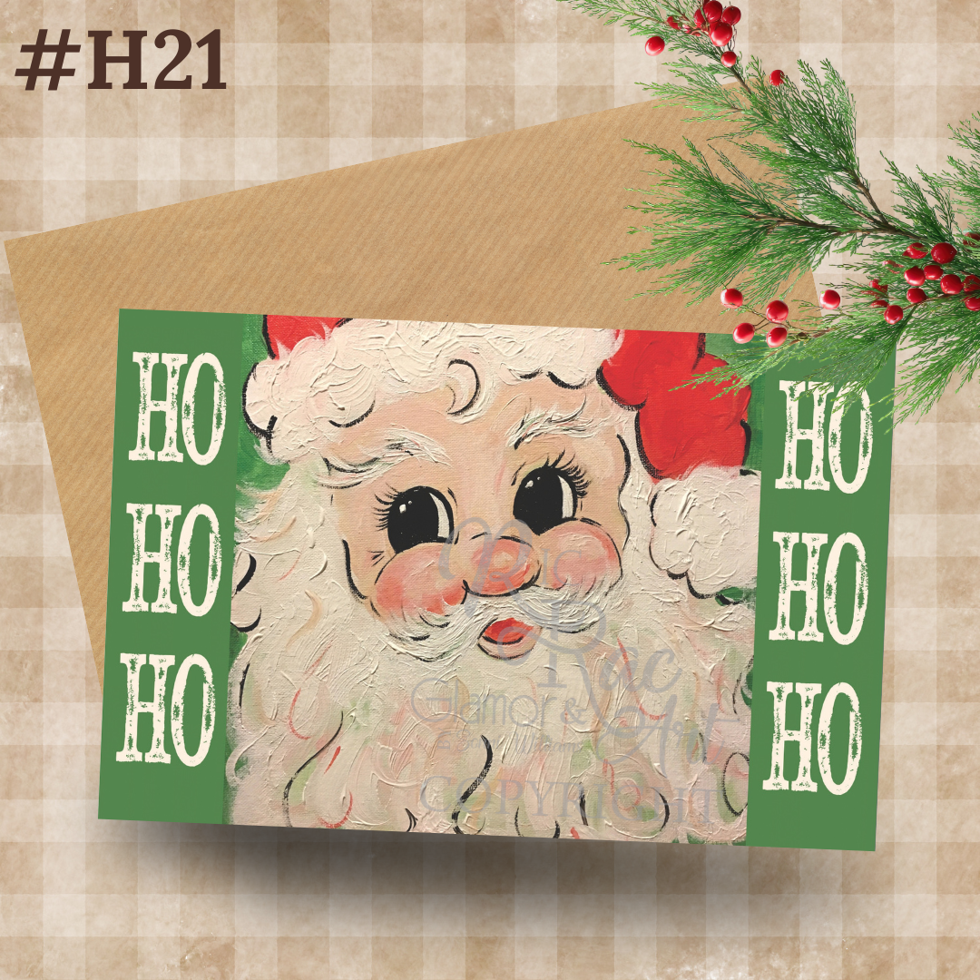 Original Art Vintage Green Santa Card with Envelope