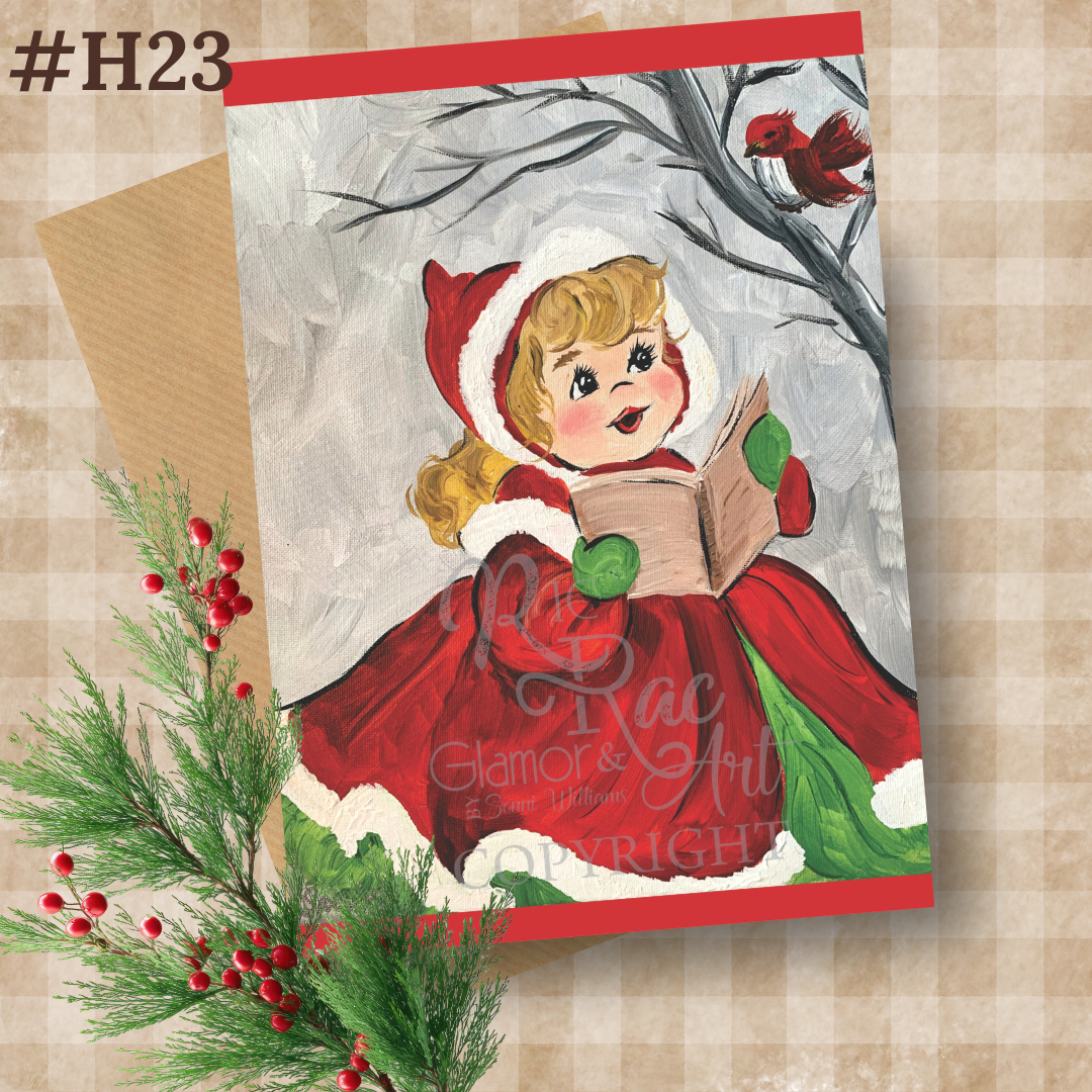 Original Art Vintage Caroling Girl Card with Envelope