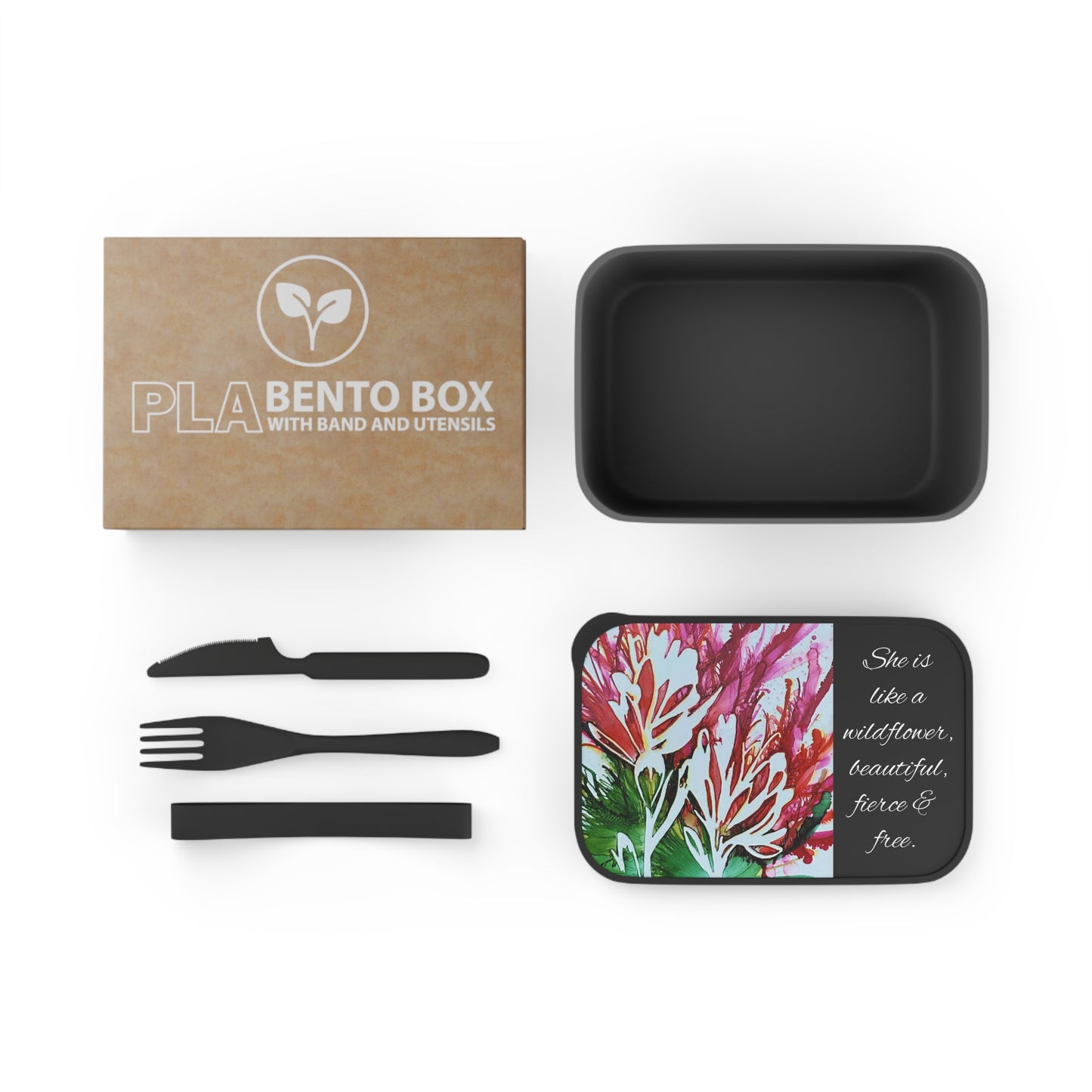 PLA Bento Box with Band and Utensils with Original Indian Paintbrush Art