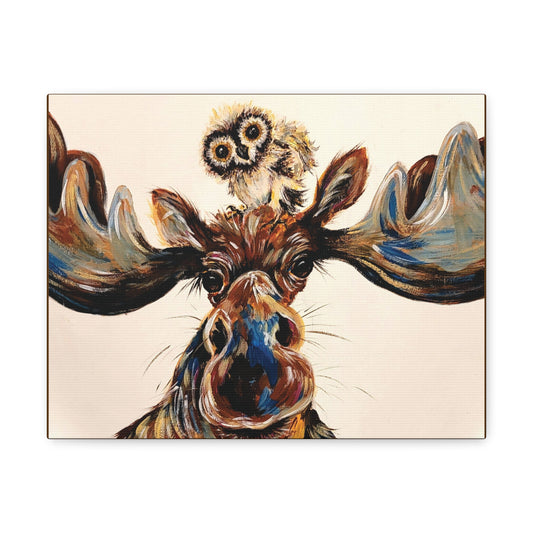 Original Moose & Baby Owl Art Canvas Print Gallery Wrap