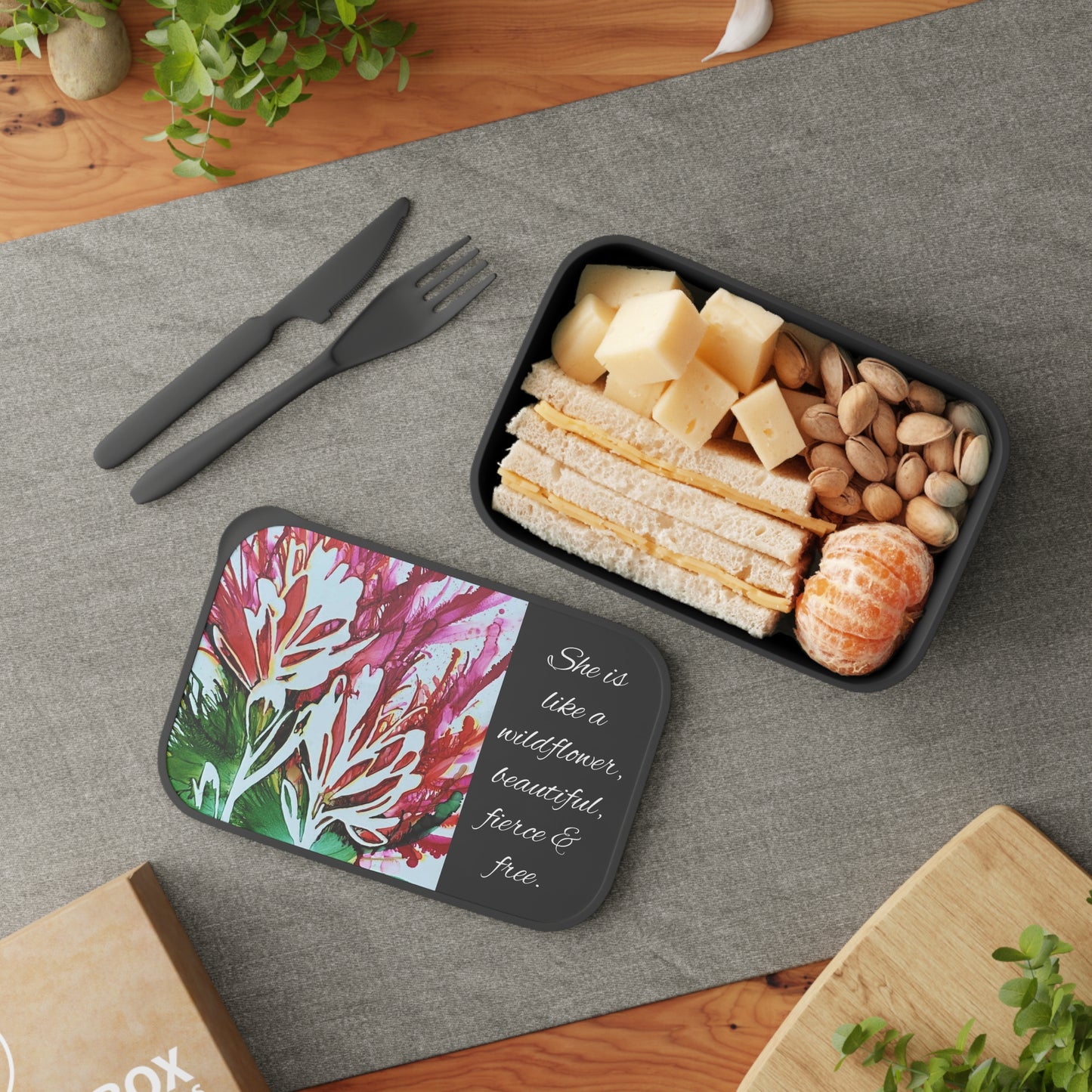 PLA Bento Box with Band and Utensils with Original Indian Paintbrush Art