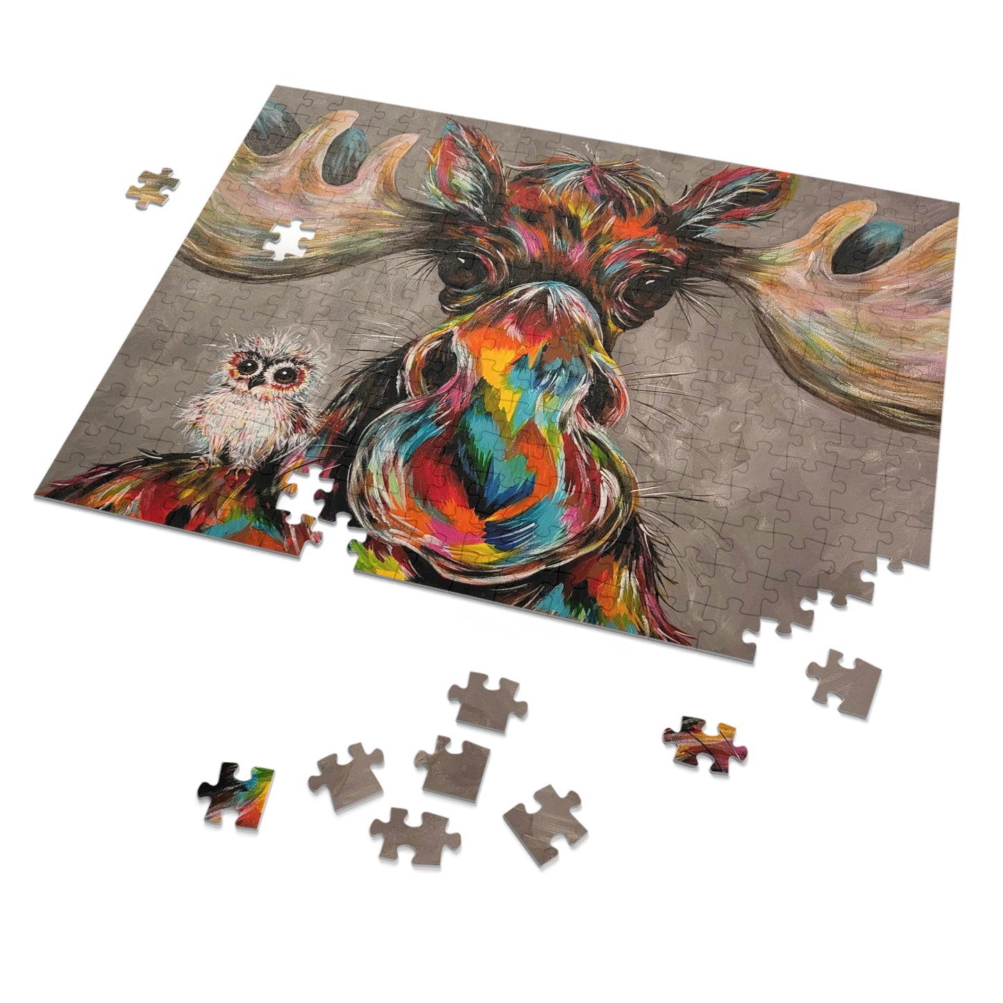 Original Art Colorful Moose & Owl Jigsaw Puzzle (252 Piece)