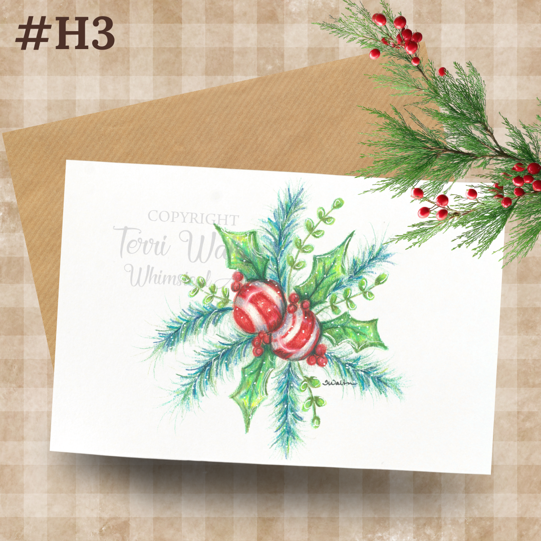 Original Art Holly & Ornaments Card with Envelope
