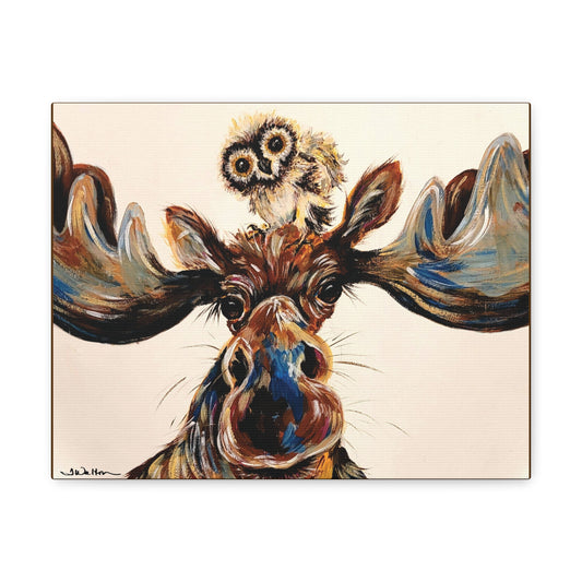 Original Moose & Baby Owl Art Canvas Print Gallery Wrap