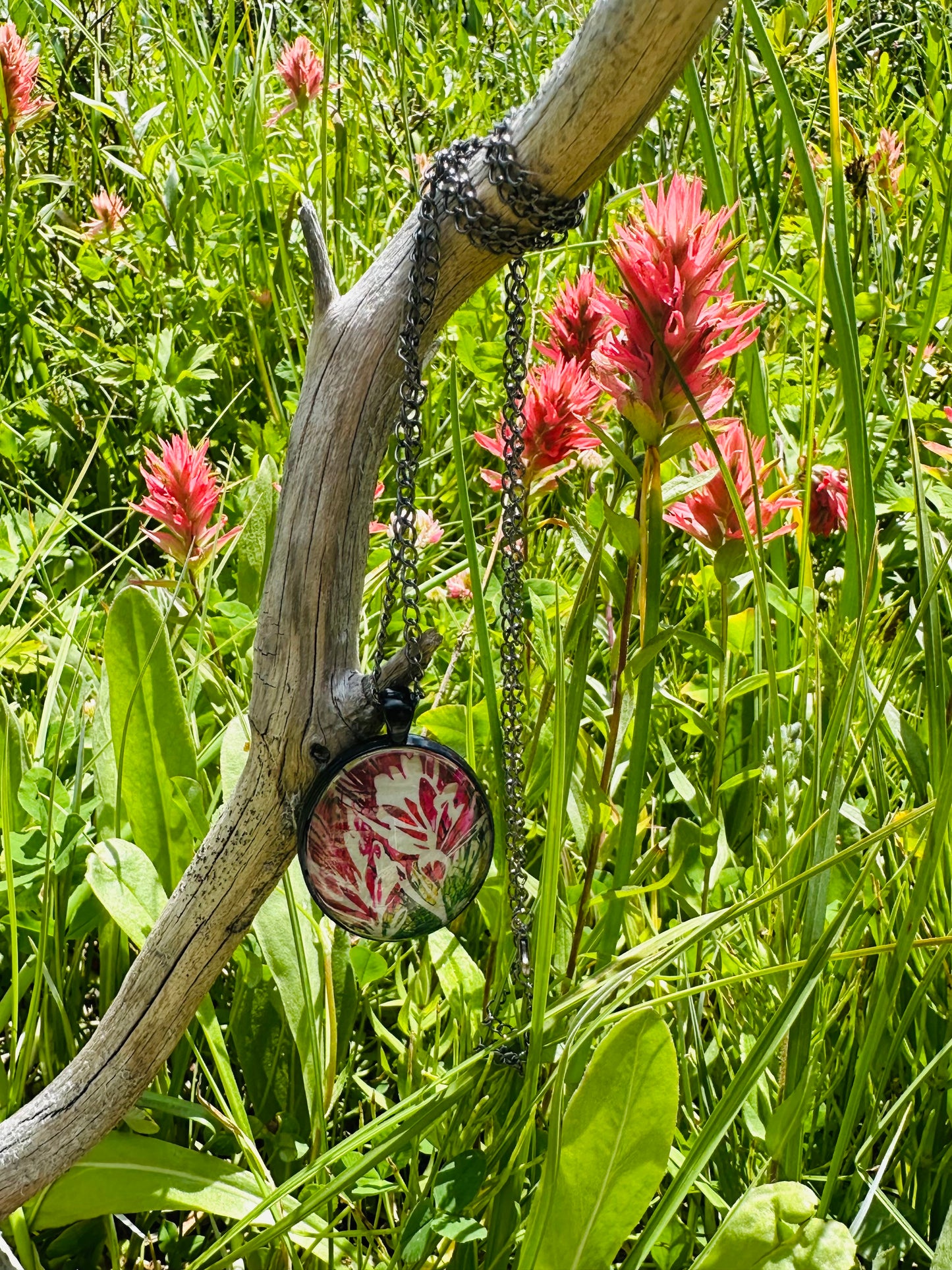 Original Art Indian Paintbrush Jewelry: Silver metal~ Red & Orange Indian Paintbrush Necklace