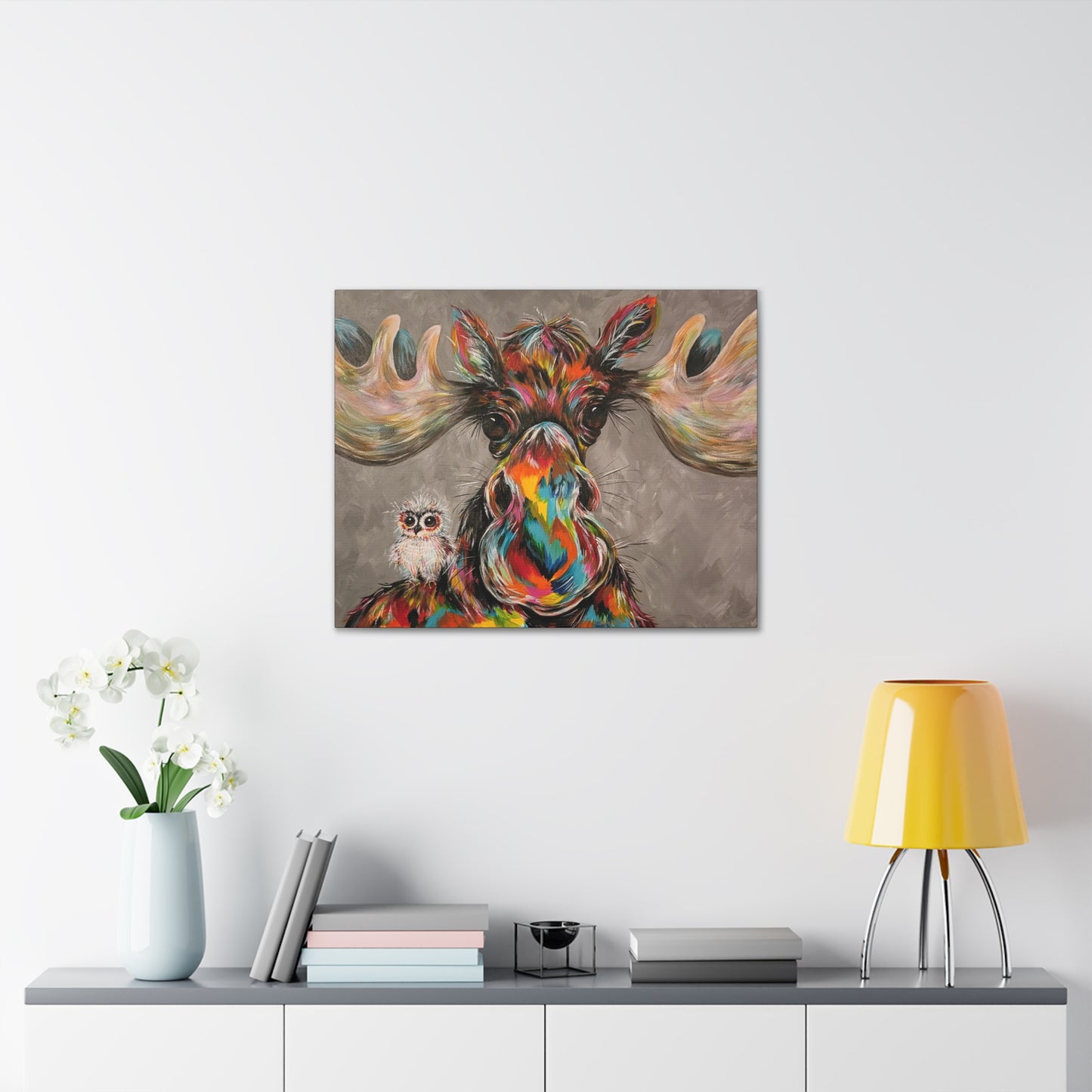 Original Colorful Moose & Owl Art Print Gallery Wrap