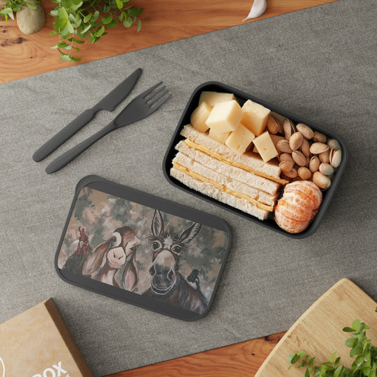 PLA Bento Box with Band and Utensils with Original Whimsical Animal Art