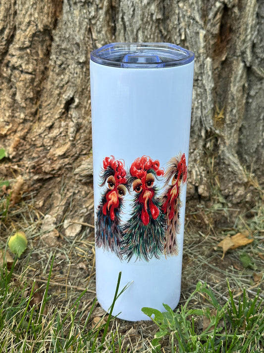 Original 3 Chickens Art Skinny Tumbler with Straw, 20oz