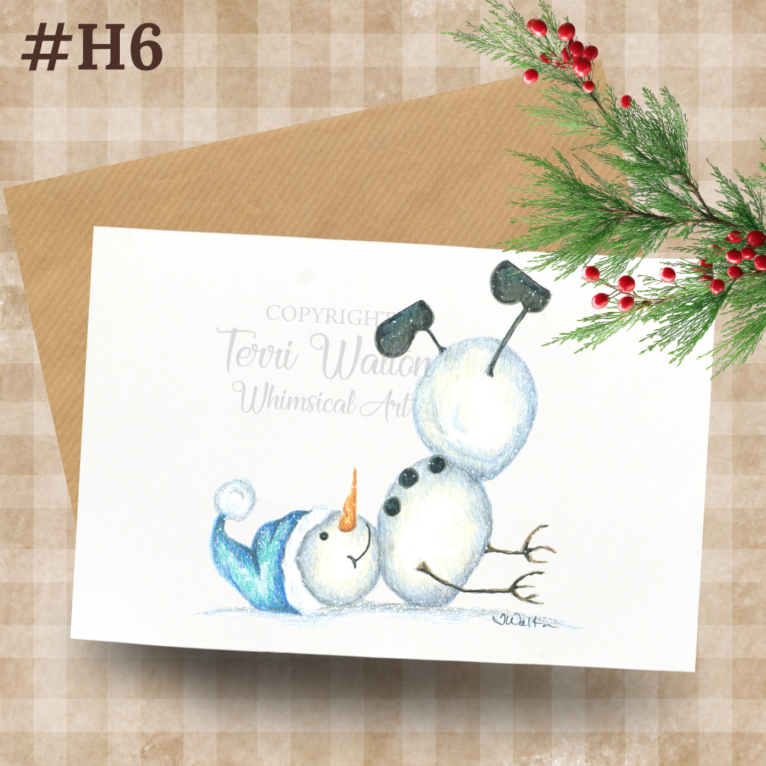 Original Art Snowman Laying Down Card with Envelope