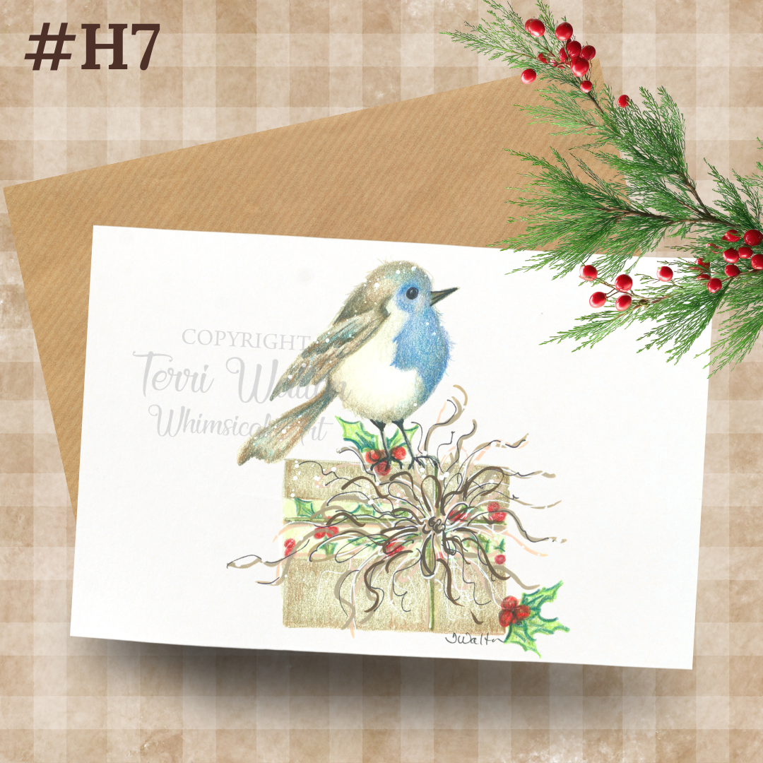Original Art Bird with Present Card with Envelope