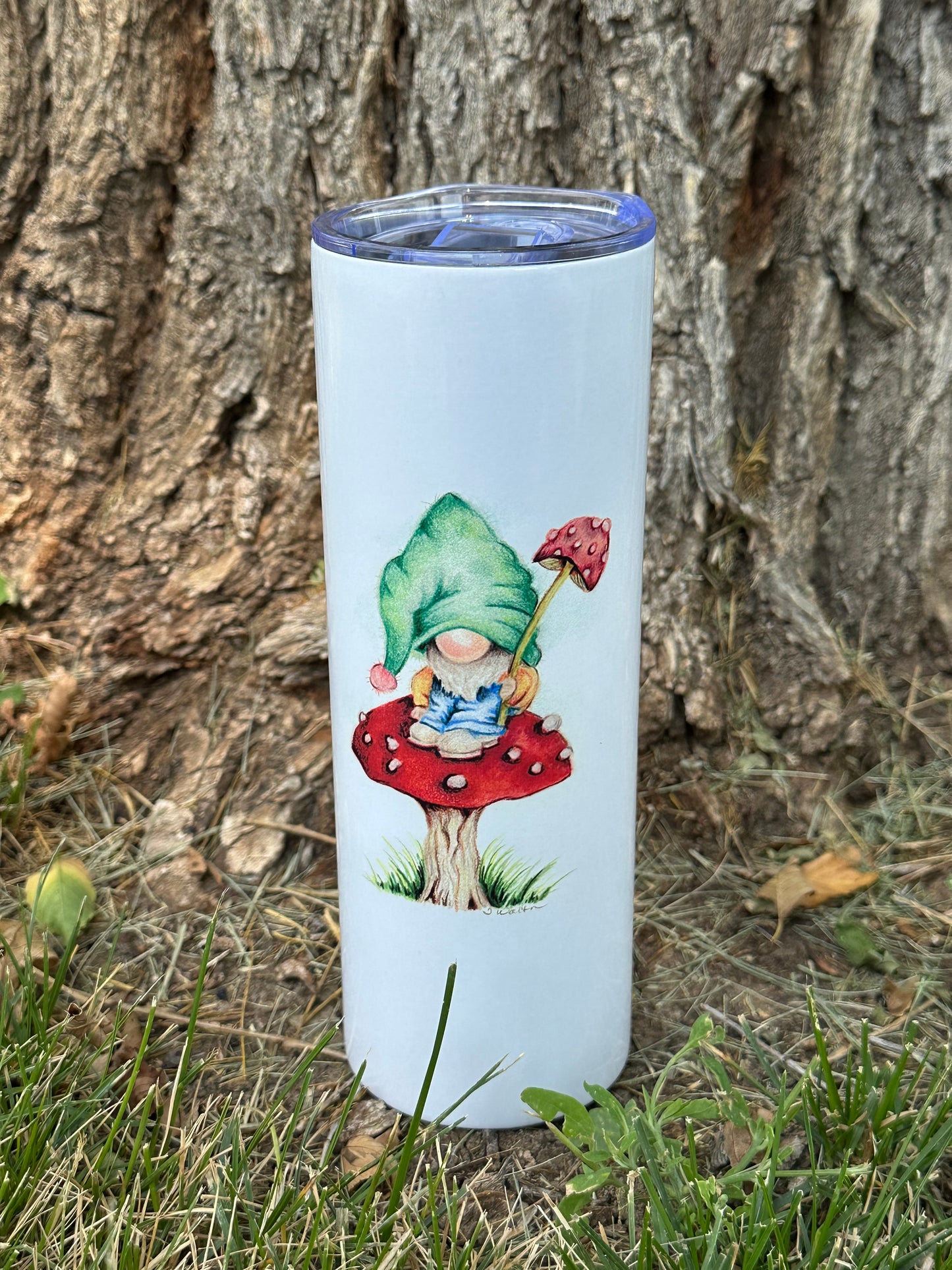 Original Gnome & Mushroom Art Skinny Tumbler with Straw, 20oz