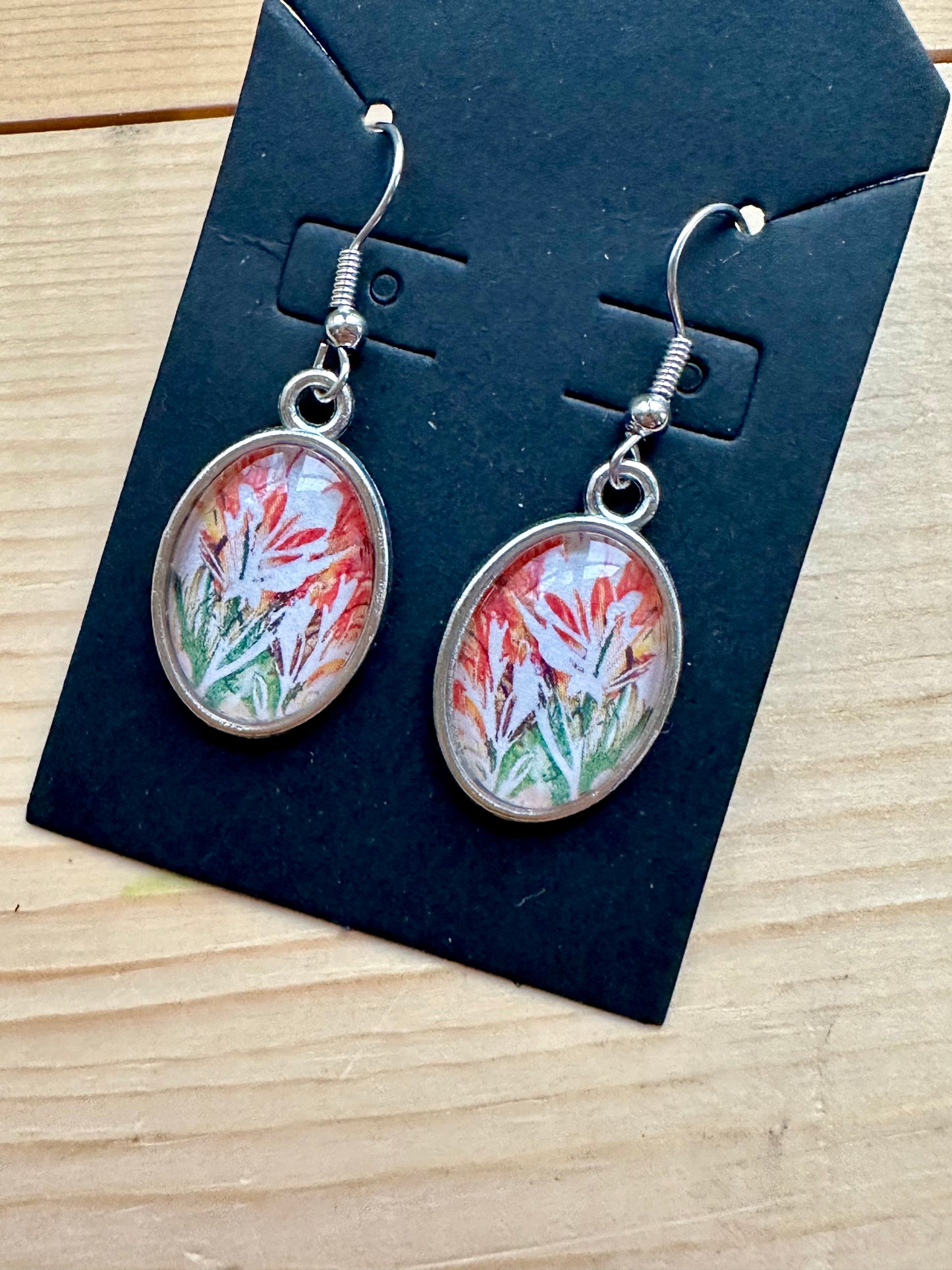 Original Art Indian Paintbrush Jewelry: Silver metal~ Red & Orange Indian Paintbrush Earrings